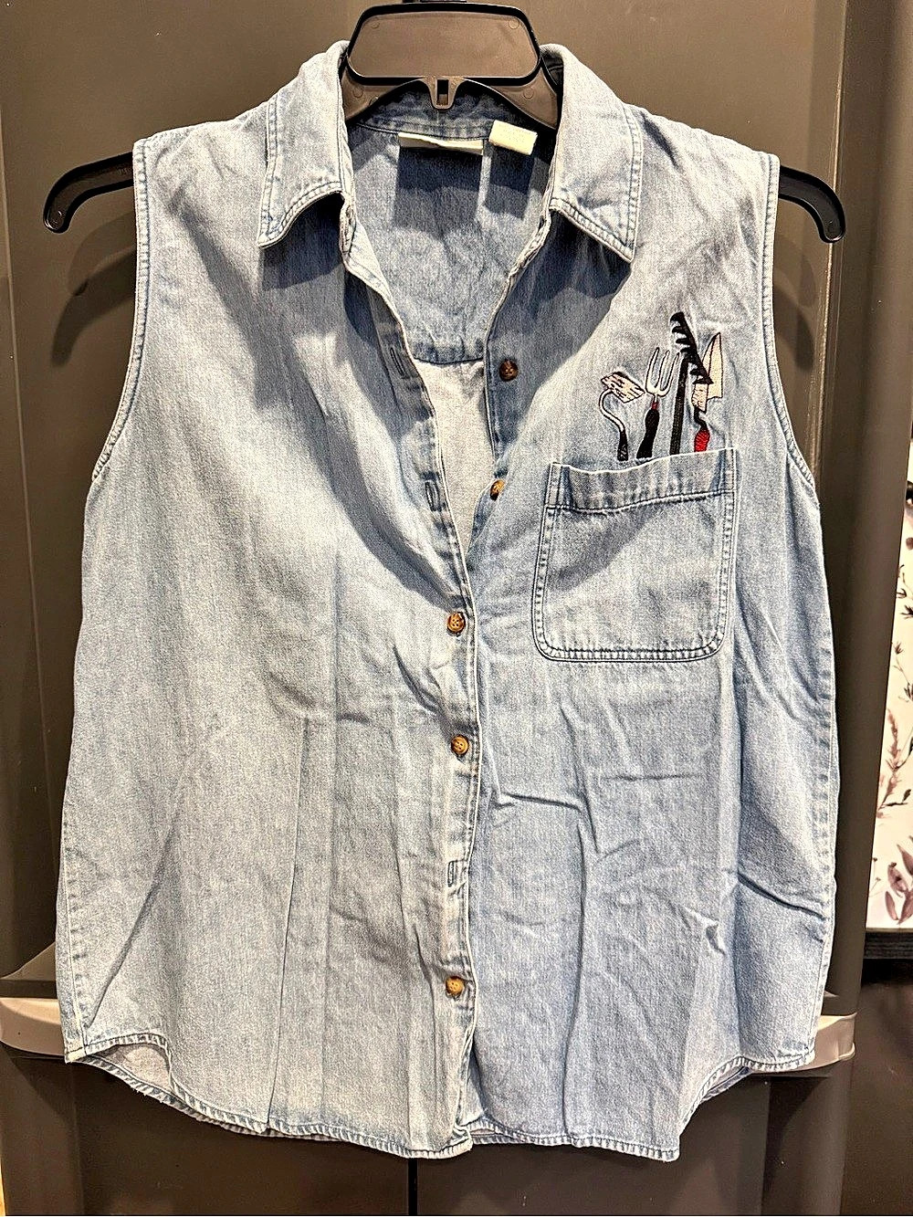 Vintage 90s Gardening Embroidered Denim Vest in Blue Size Medium